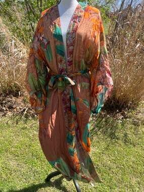 Powder Botany Bliss Long Kimono Gown in Taupe Floral